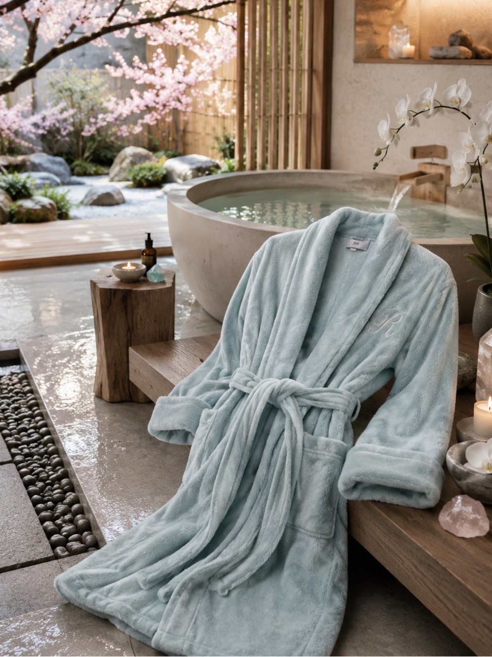 RH Restoration Hardware Luxury Plush Spa Robe Sage Monogram Resort M UNISEX